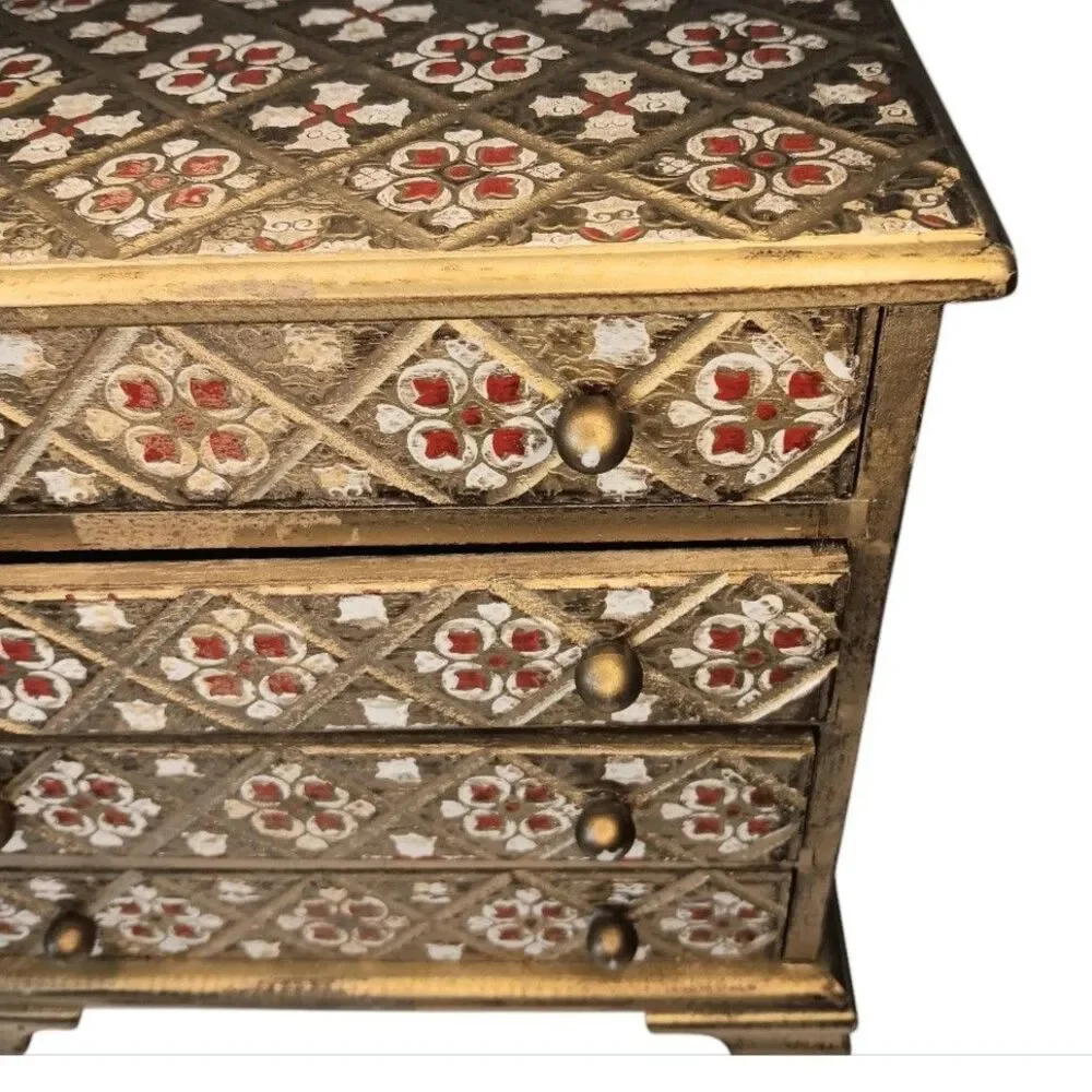 Vintage MELE Jewel Case Red & Gold Gilt Wood Jewelry Box Florentine Style Japan
